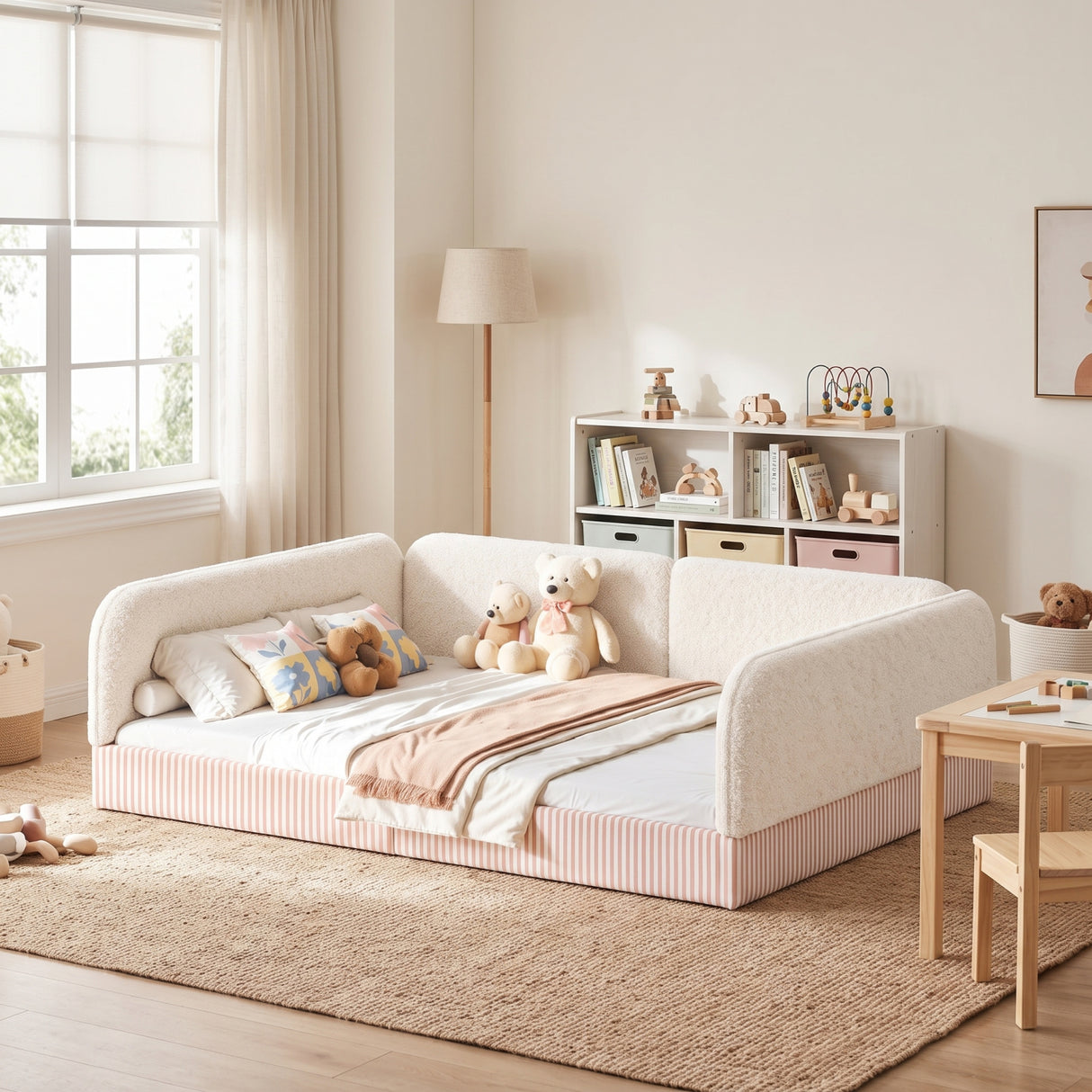 Queen Upholstered Montessori Floor Bed with Guardrails | OROA Kids