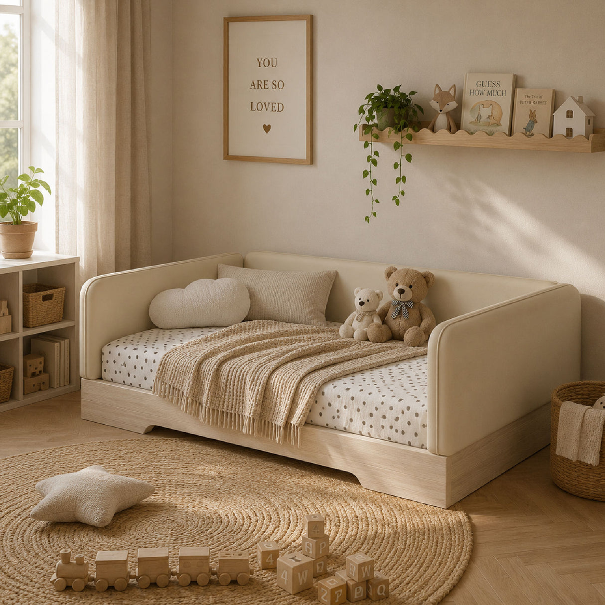 Twin Size Upholstered Beige Floor Bed | OROA Kids