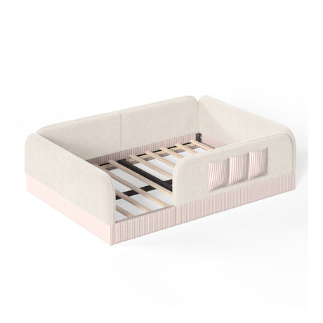 Queen Size Kids Soft Upholstered Beige Floor Bed | OROA Kids