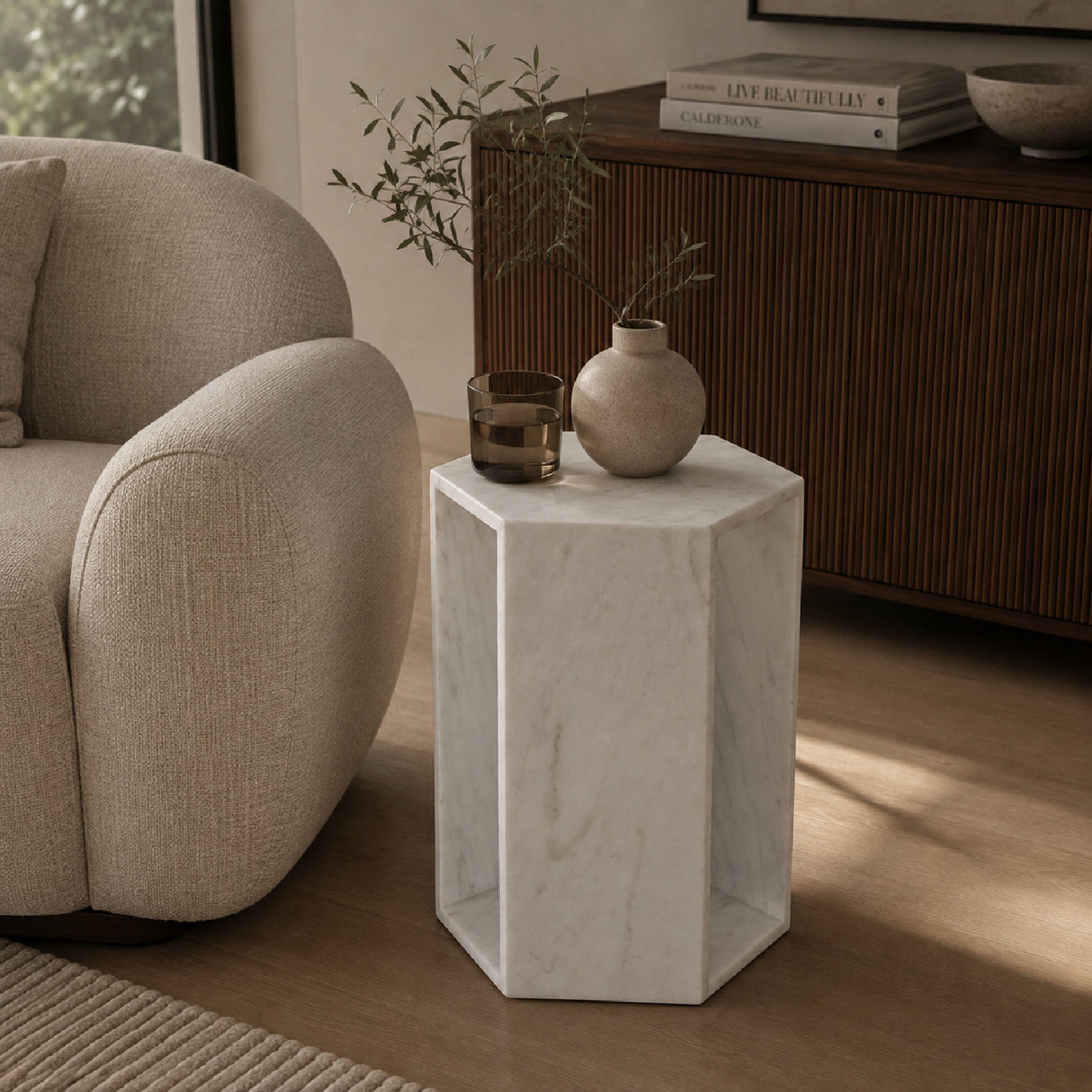 Modern Natural White Marble Side Table | OROA