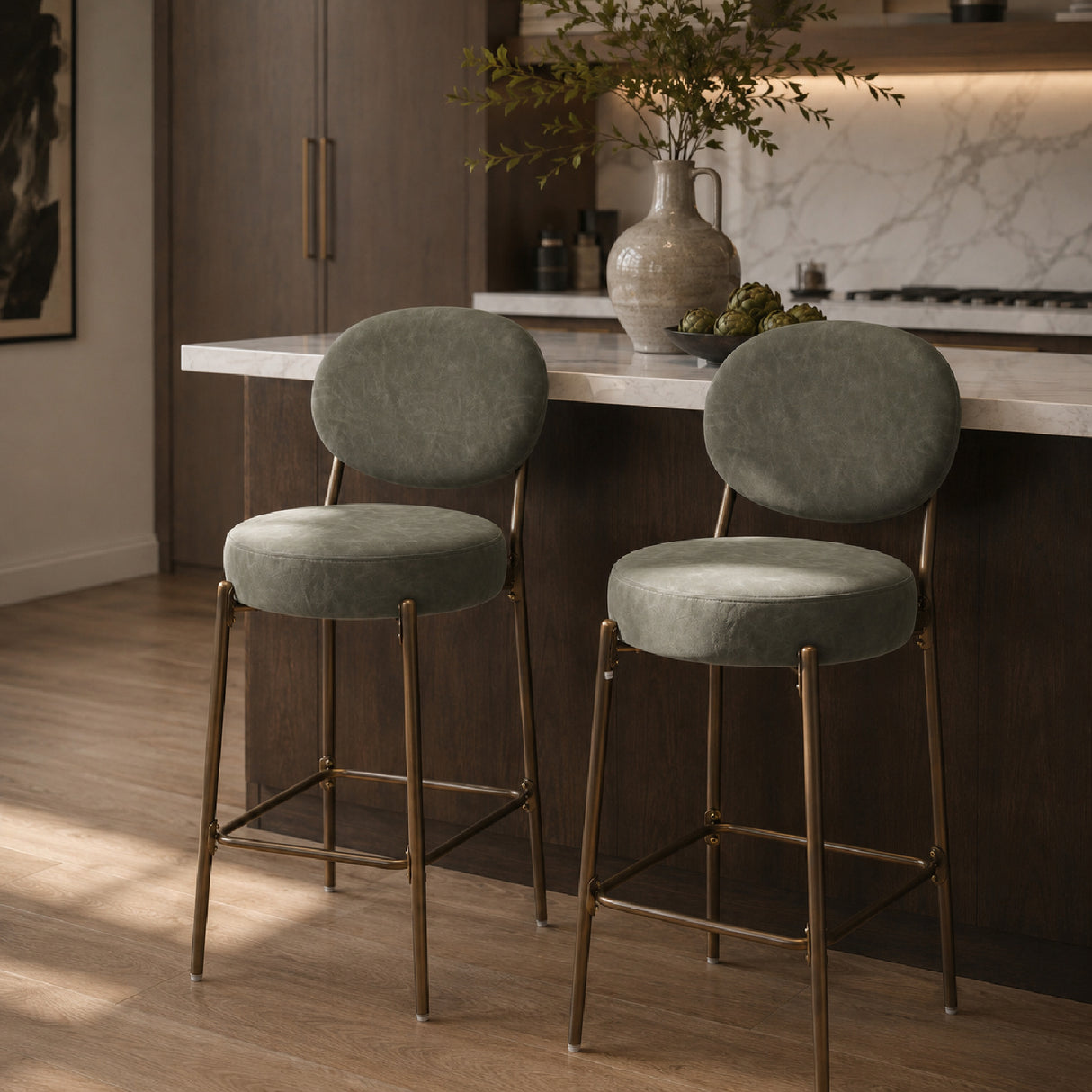Modern Leather Upholstered Bar Stools (2) | OROA