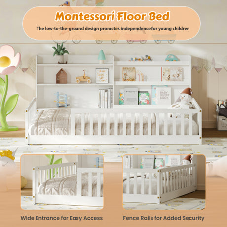 Full Montessori Floor Bed with Bookshelf and Safety Rails | OROA Kids