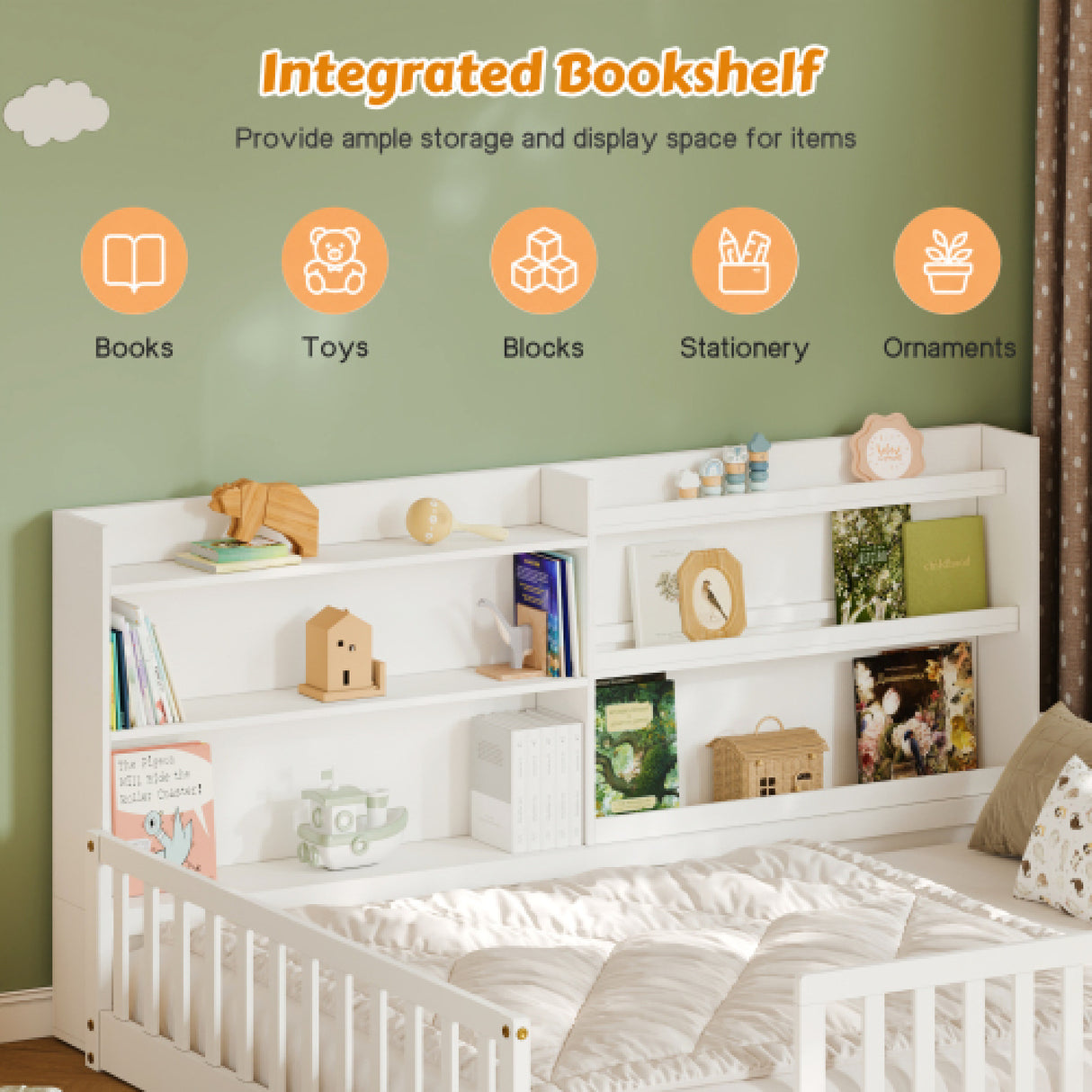 Full Montessori Floor Bed with Bookshelf and Safety Rails | OROA Kids