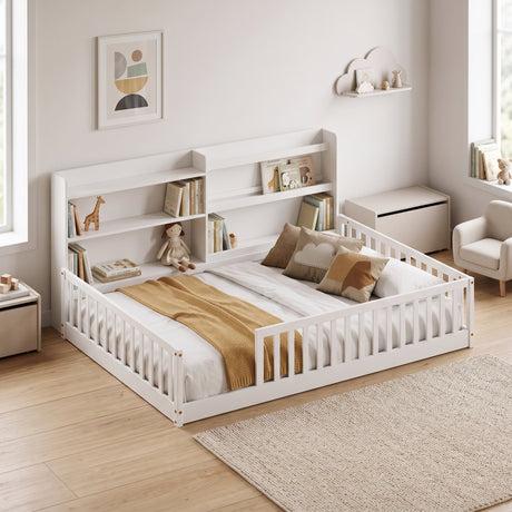 Full Montessori Floor Bed with Bookshelf and Safety Rails | OROA Kids