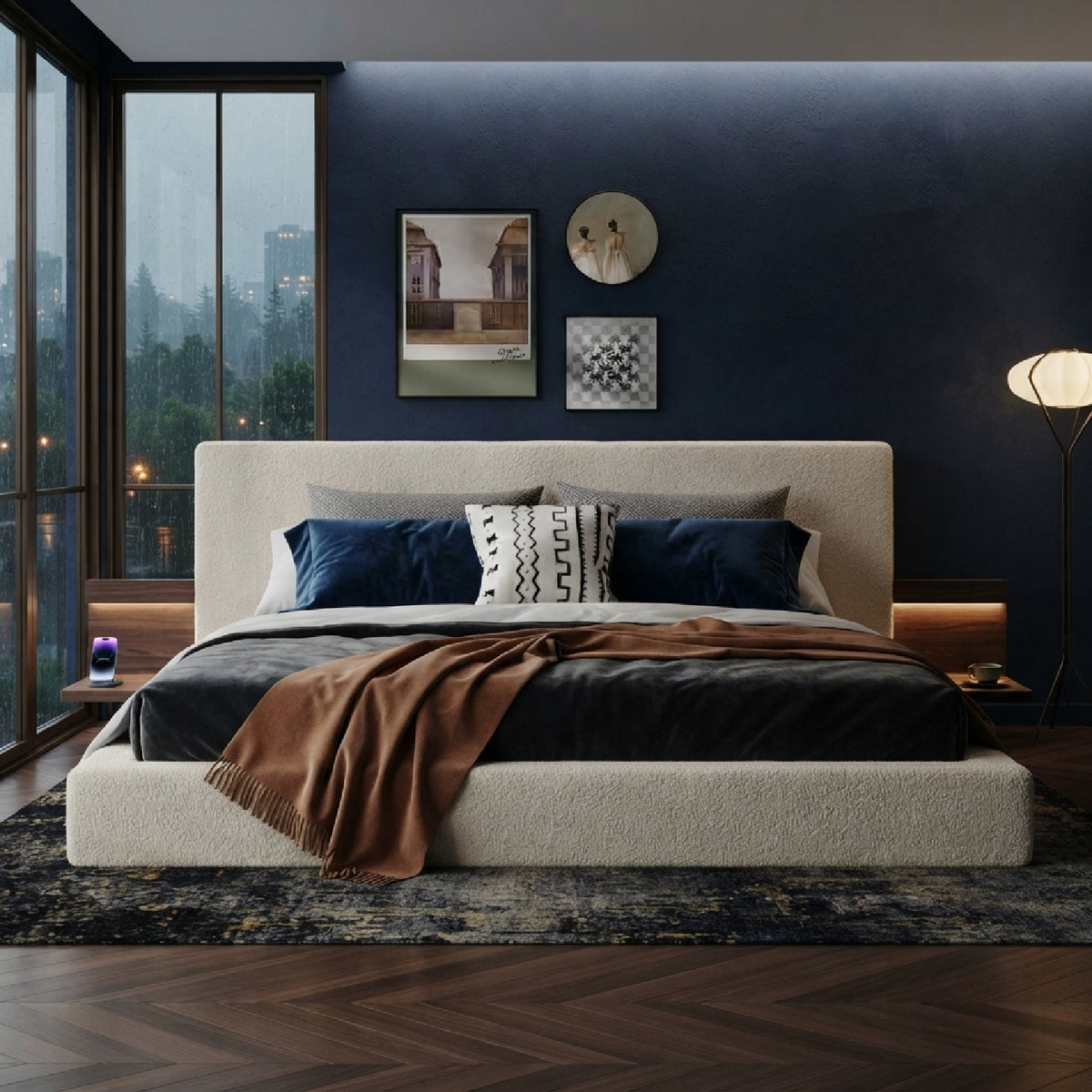 Modern European furniture - Upholstered King Bed with Sliding Side Table - www.oroa.com
