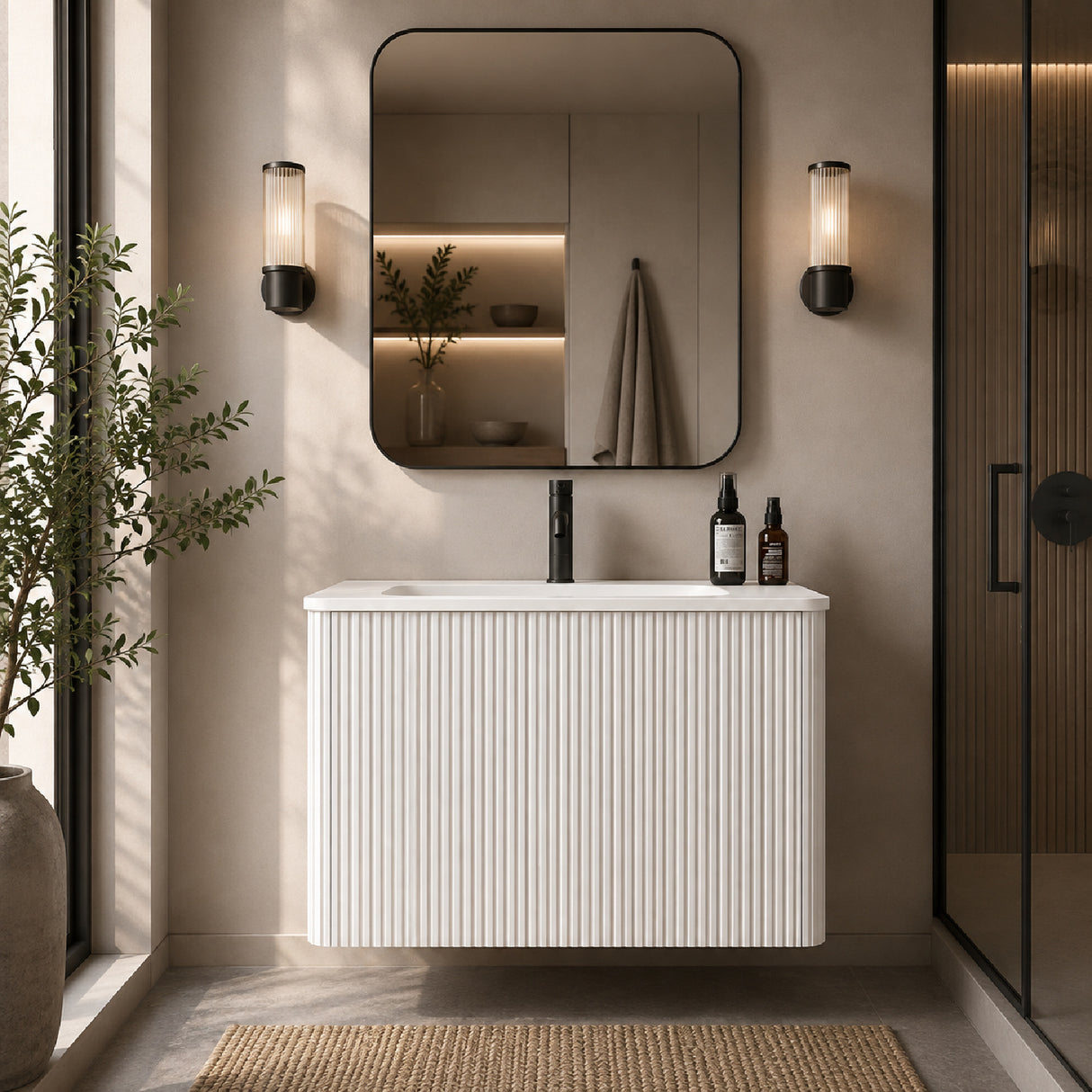 Modern European furniture - Striped Soft White Bathroom Vanity with Sink - www.oroa.com