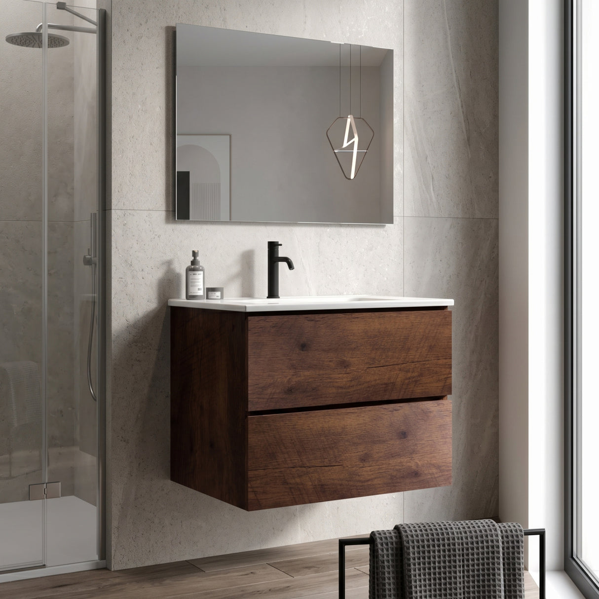 Wall Mounted Walnut Bathroom Vanity with Ceramic Sink | OROA