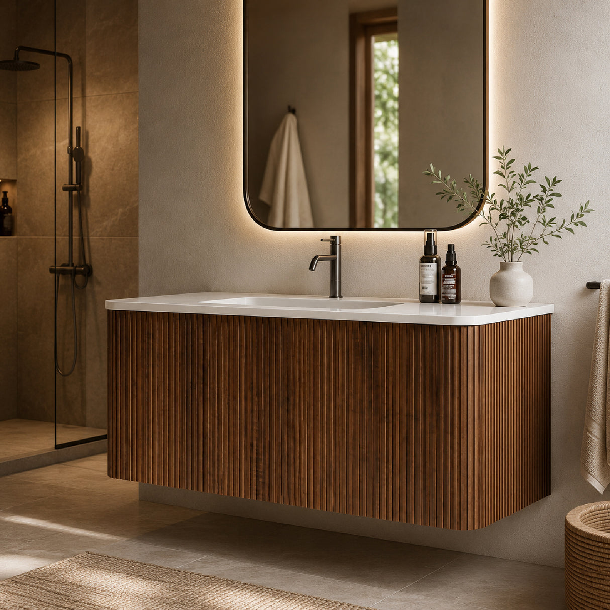 36" Walnut Floating Bathroom Vanity with White Sink | OROA