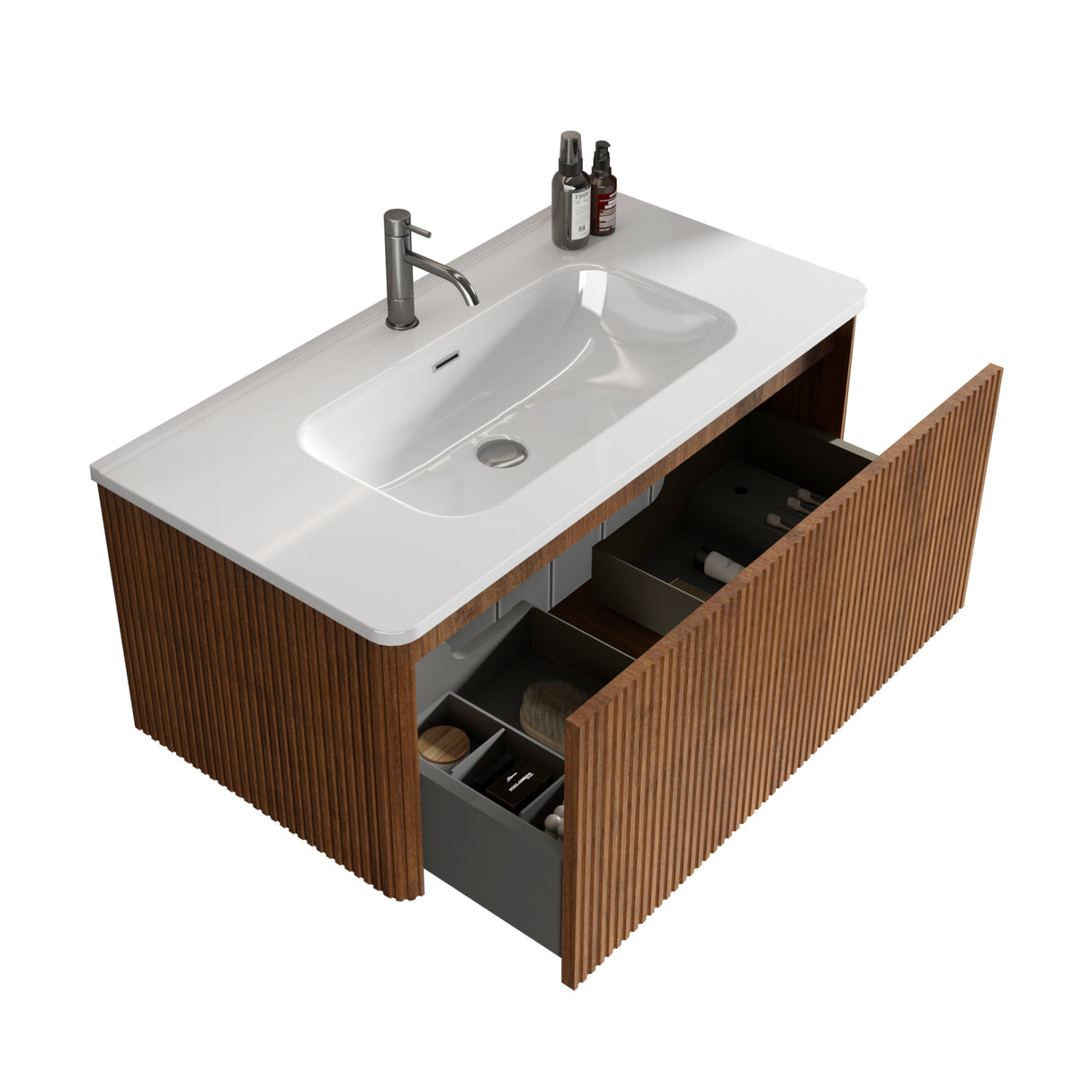 36" Walnut Floating Bathroom Vanity with White Sink | OROA