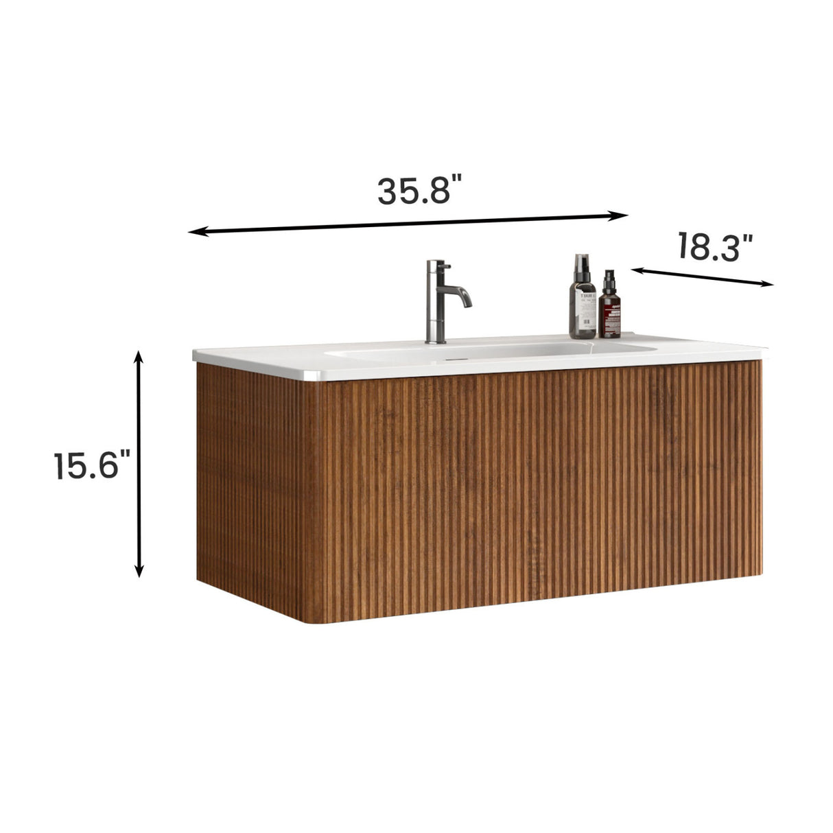 36" Walnut Floating Bathroom Vanity with White Sink | OROA
