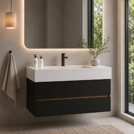 Black Wall-Mounted Bathroom Vanity with White Sink | OROA