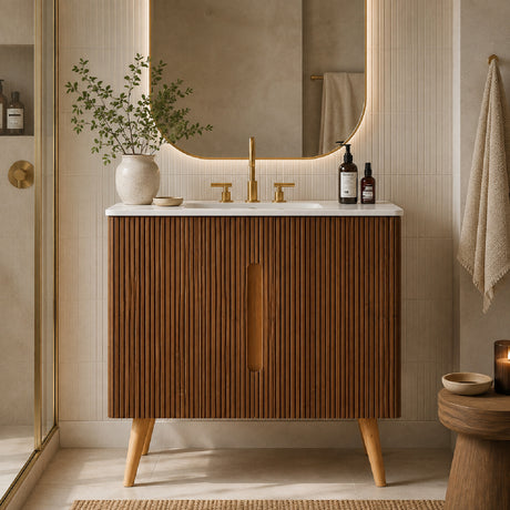 36" Walnut Bathroom Vanity with Carrara White Sink | OROA