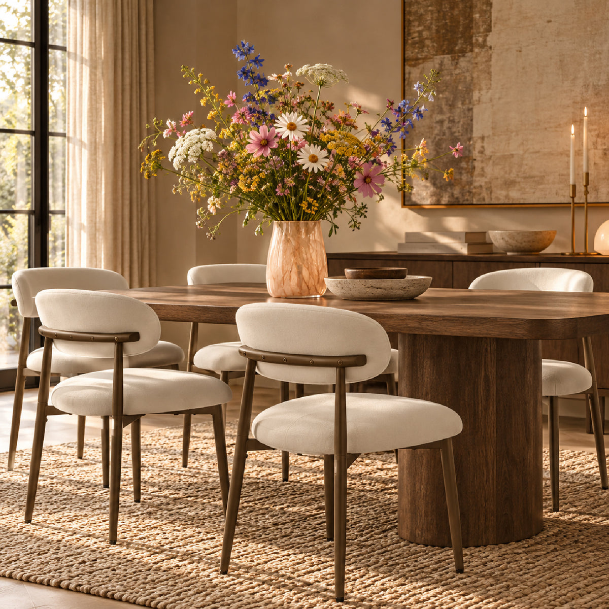 Beige Upholstered Metal Dining Chairs (2) by OROA