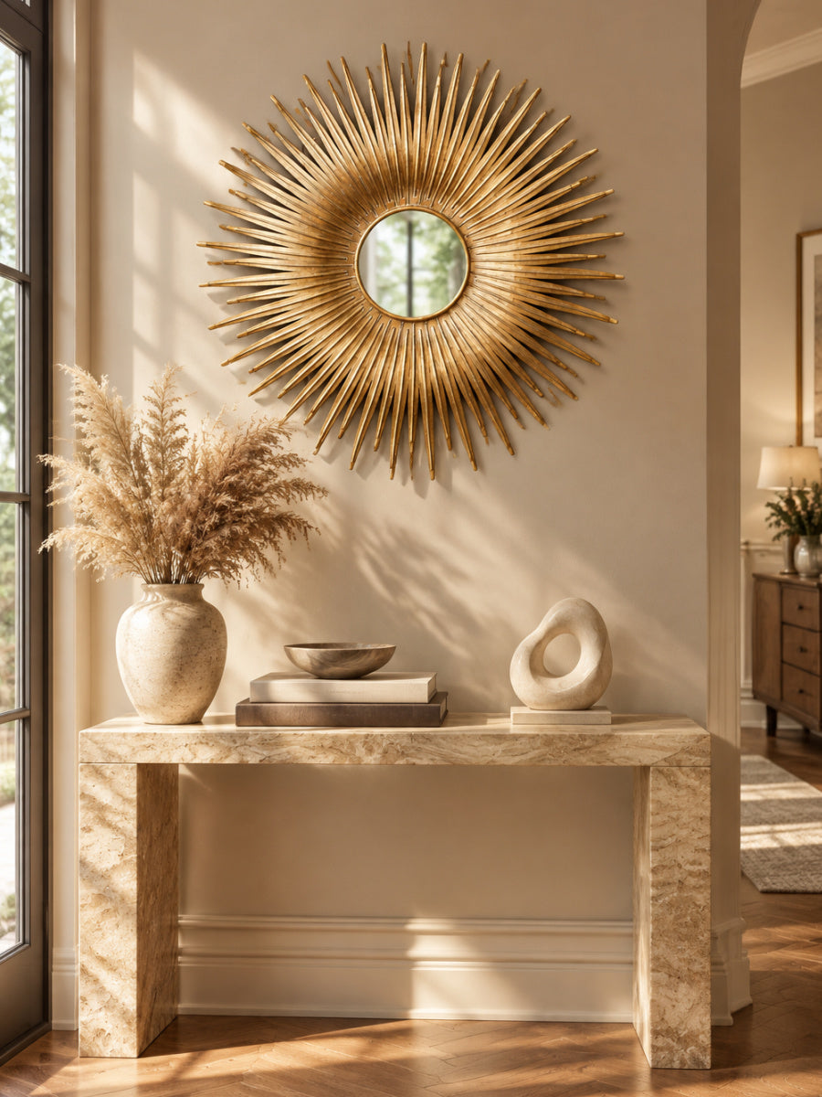 Modern European furniture - Gold Sunburst Metal Wall Mirror - www.oroa.com