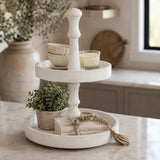 White Two-Tiered Round Wooden Tray | OROA