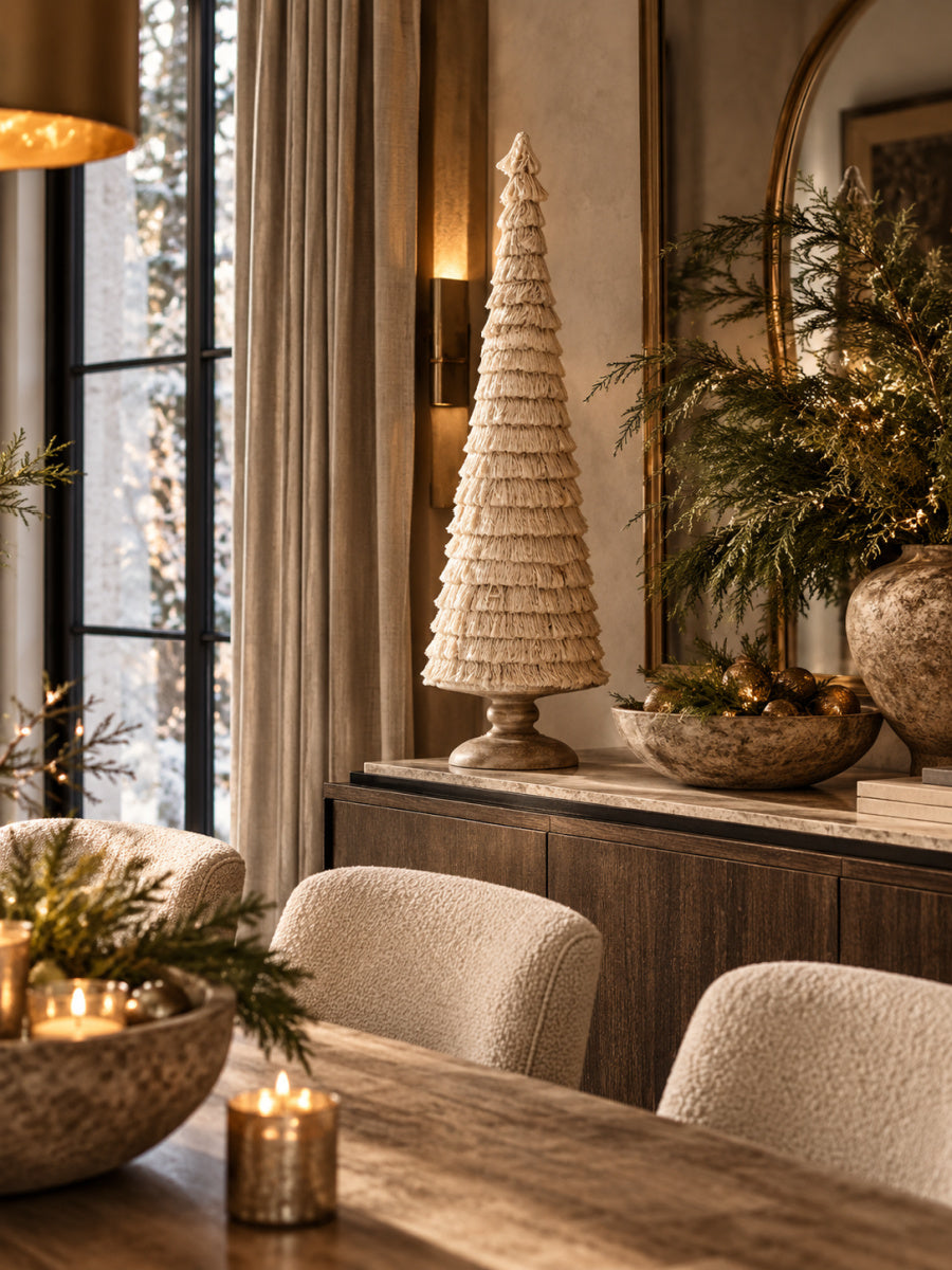 Christmas Fringed Embellished Cone with Wooden Base | OROA