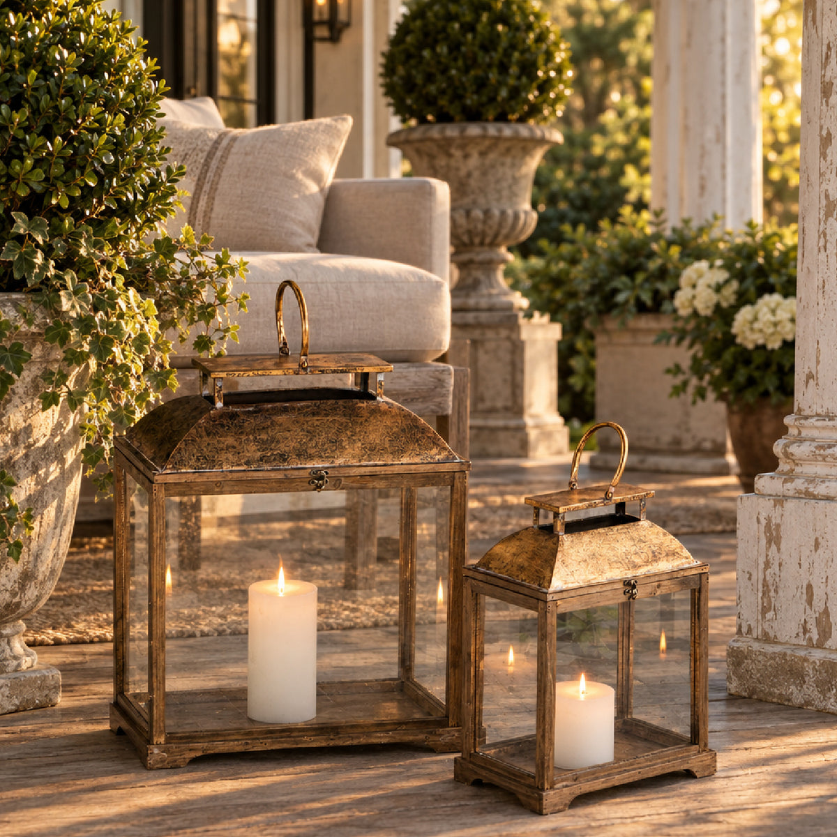 Modern European furniture - Rustic Antique Glass Lantern (Set of 2) - www.oroa.com