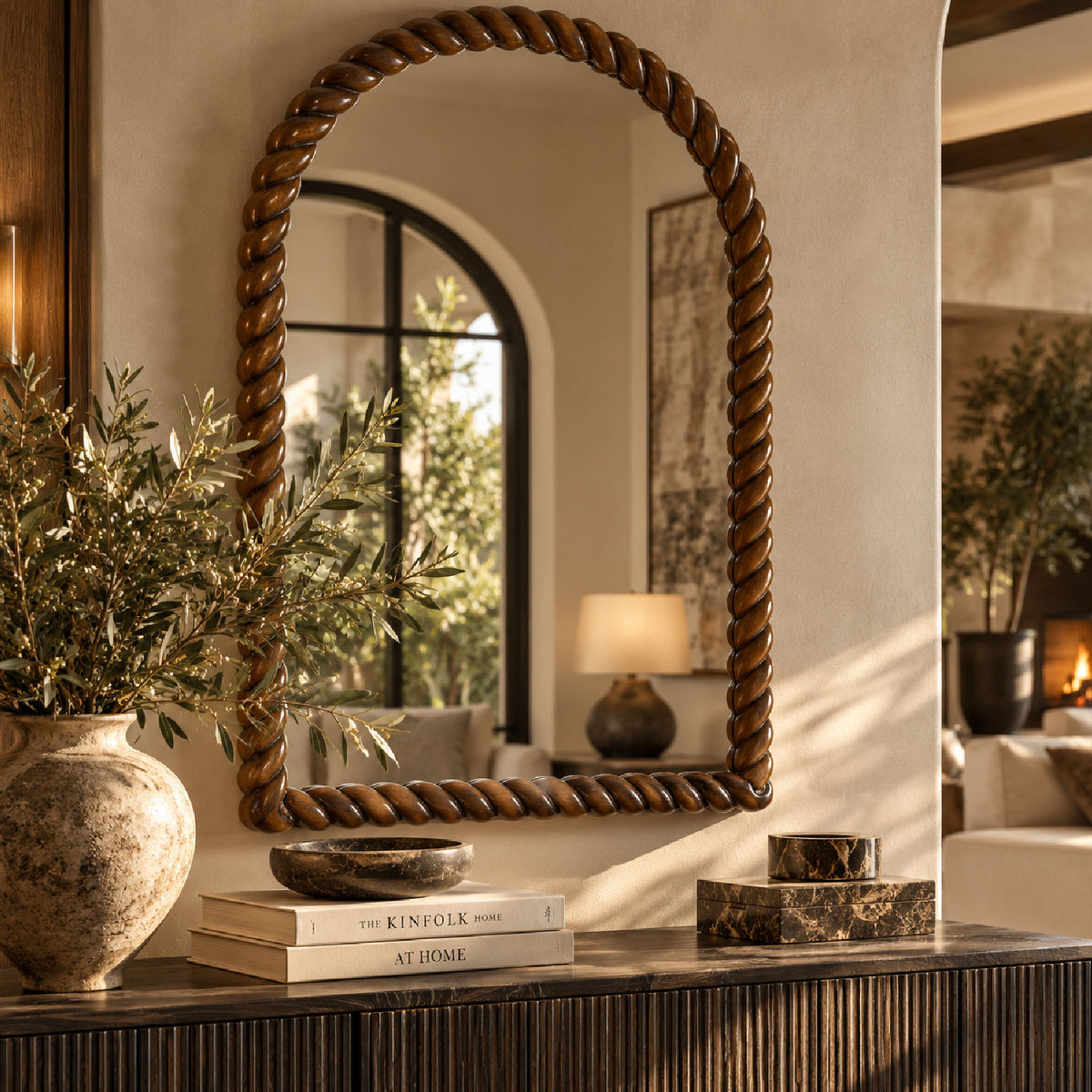 Arched Brown Pine Wood Frame Wall Mirror | OROA