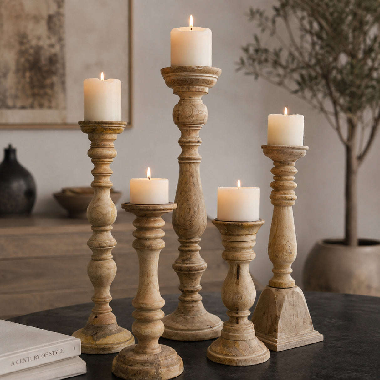 Wooden Brown Candle Holders (5) | OROA