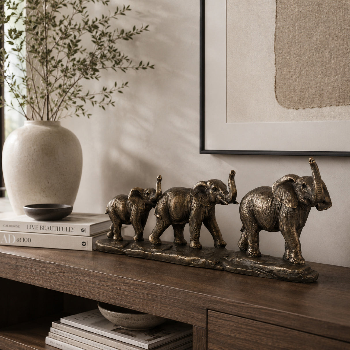Antique Copper Elephant Family Statue | OROA