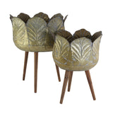 Metal Planter With Wood Legs Stand Set (2) | OROA