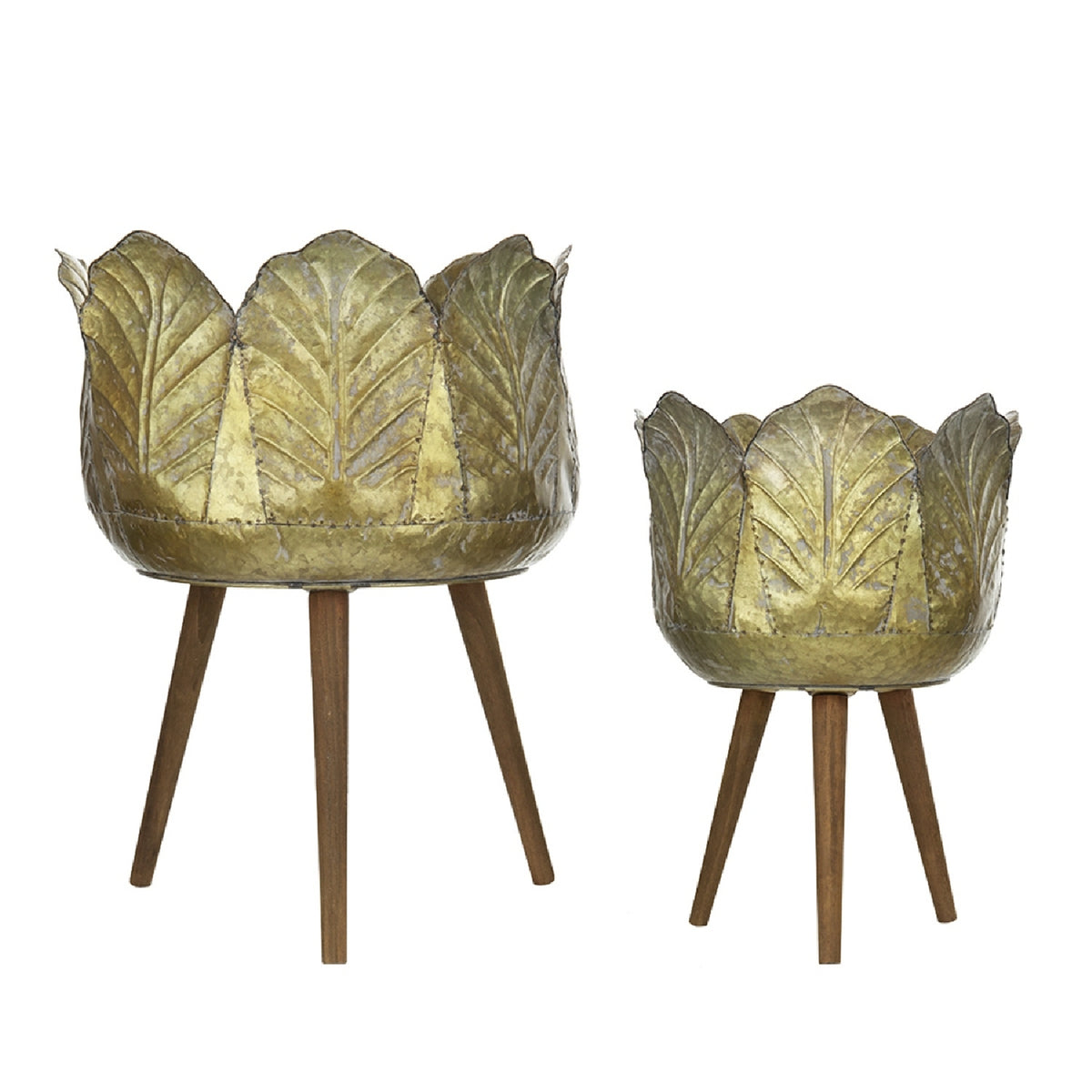 Metal Planter With Wood Legs Stand Set (2) | OROA