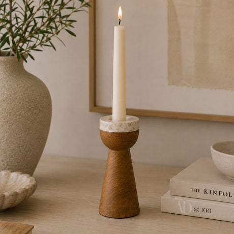 Teak Wood and Marble Tapered Candle Holder - S | OROA