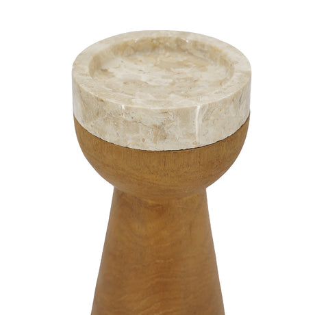 Teak Wood and Marble Tapered Candle Holder - S | OROA