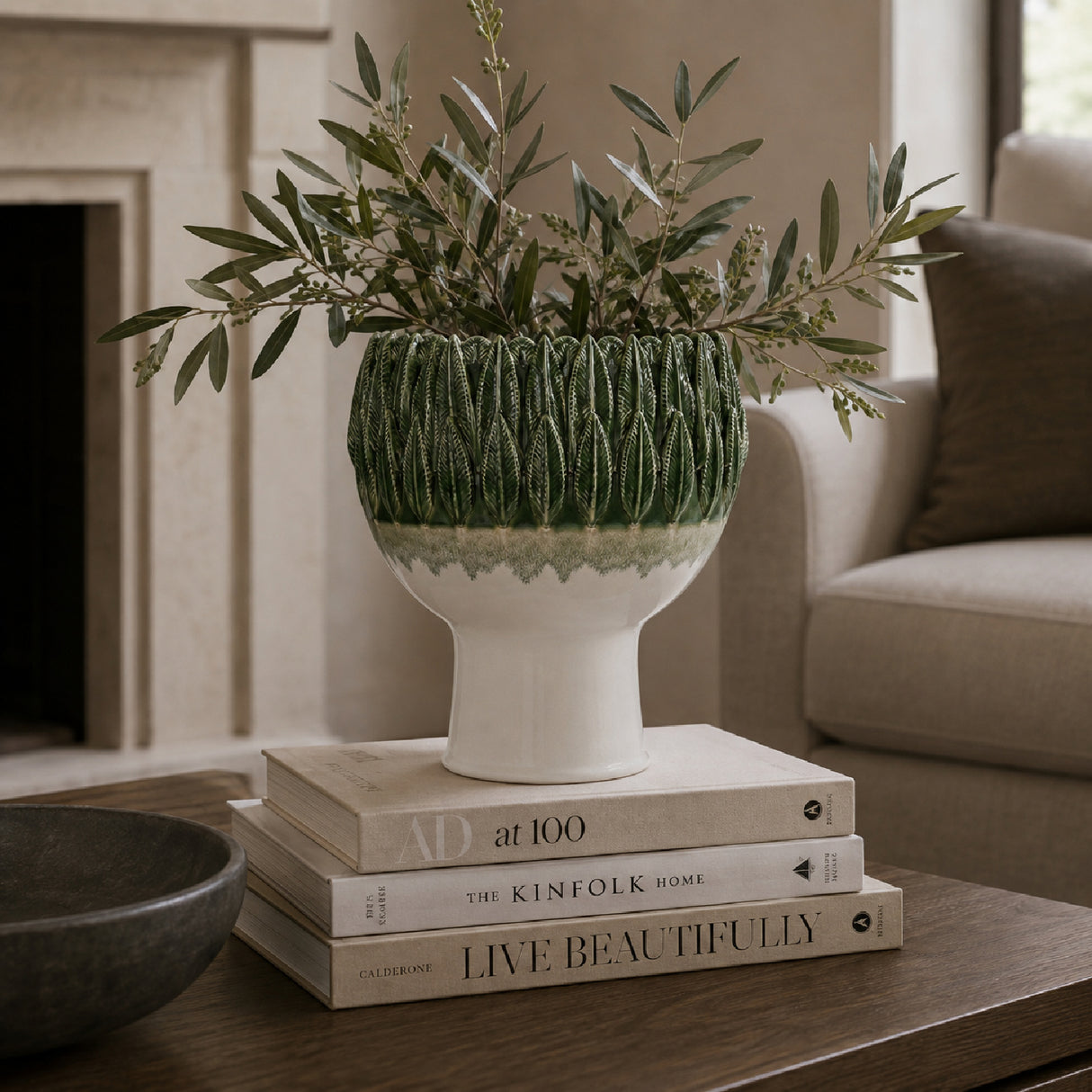 Tropical Green Leaf Rim Ceramic Vase | OROA