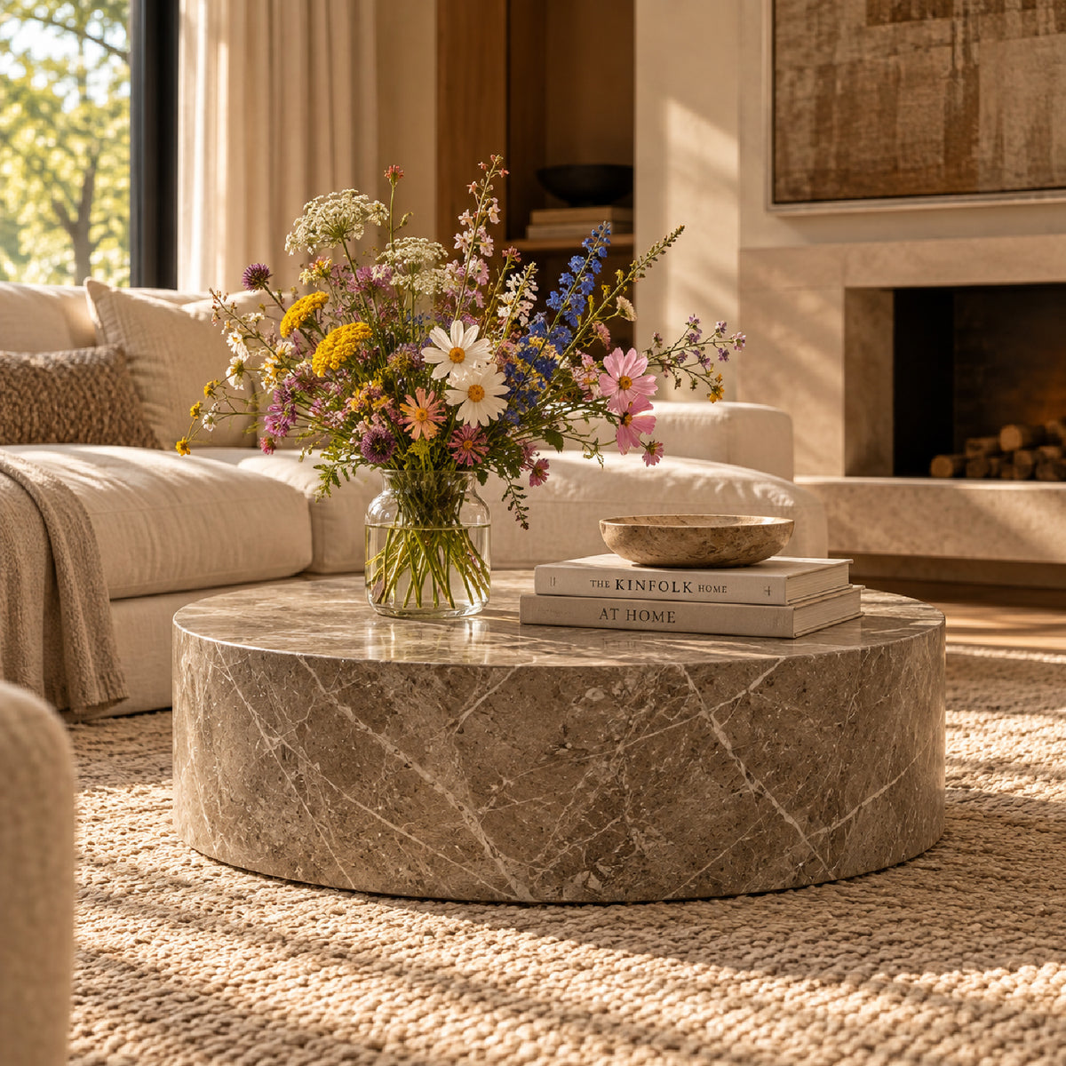 Travertine-Look Round Coffee Table by OROA