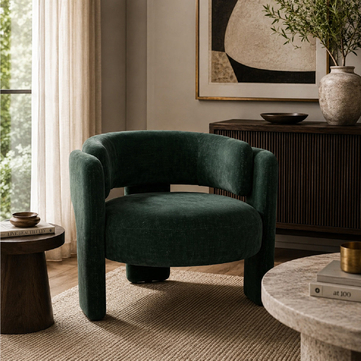 Green Textured Fabric Barrel Accent Chair | OROA