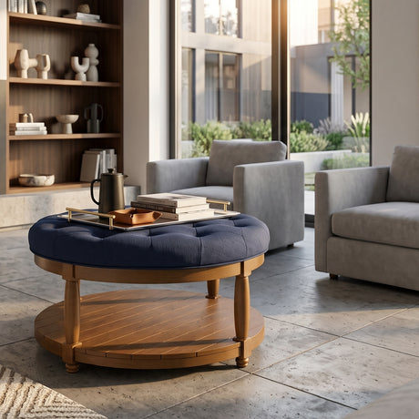 Round Upholstered Tufted Linen Ottoman Coffee Table | OROA