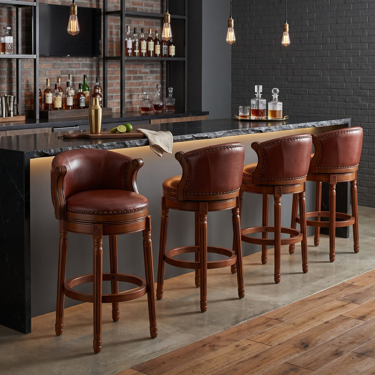 Wooden Brown Leather Barstools | OROA
