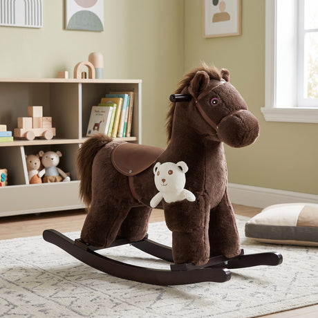 Brown Plush Ride-On Rocking Horse with Bear Toy | OROA Kids