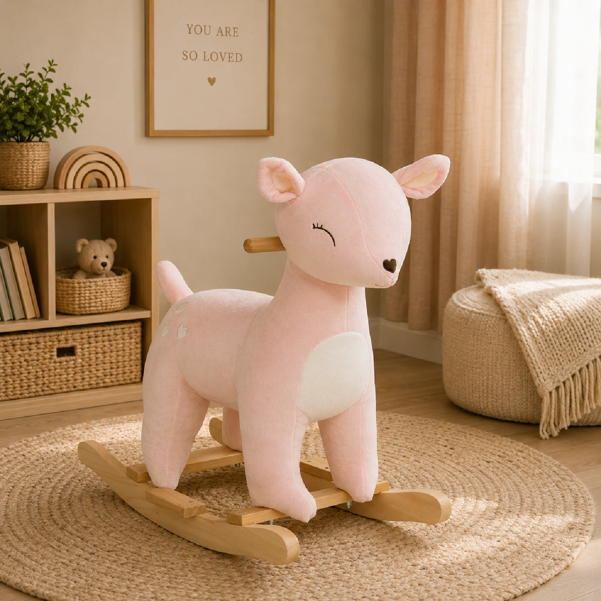 Pink Deer-Shaped Plush Ride-On Rocking Horse Toy | OROA Kids