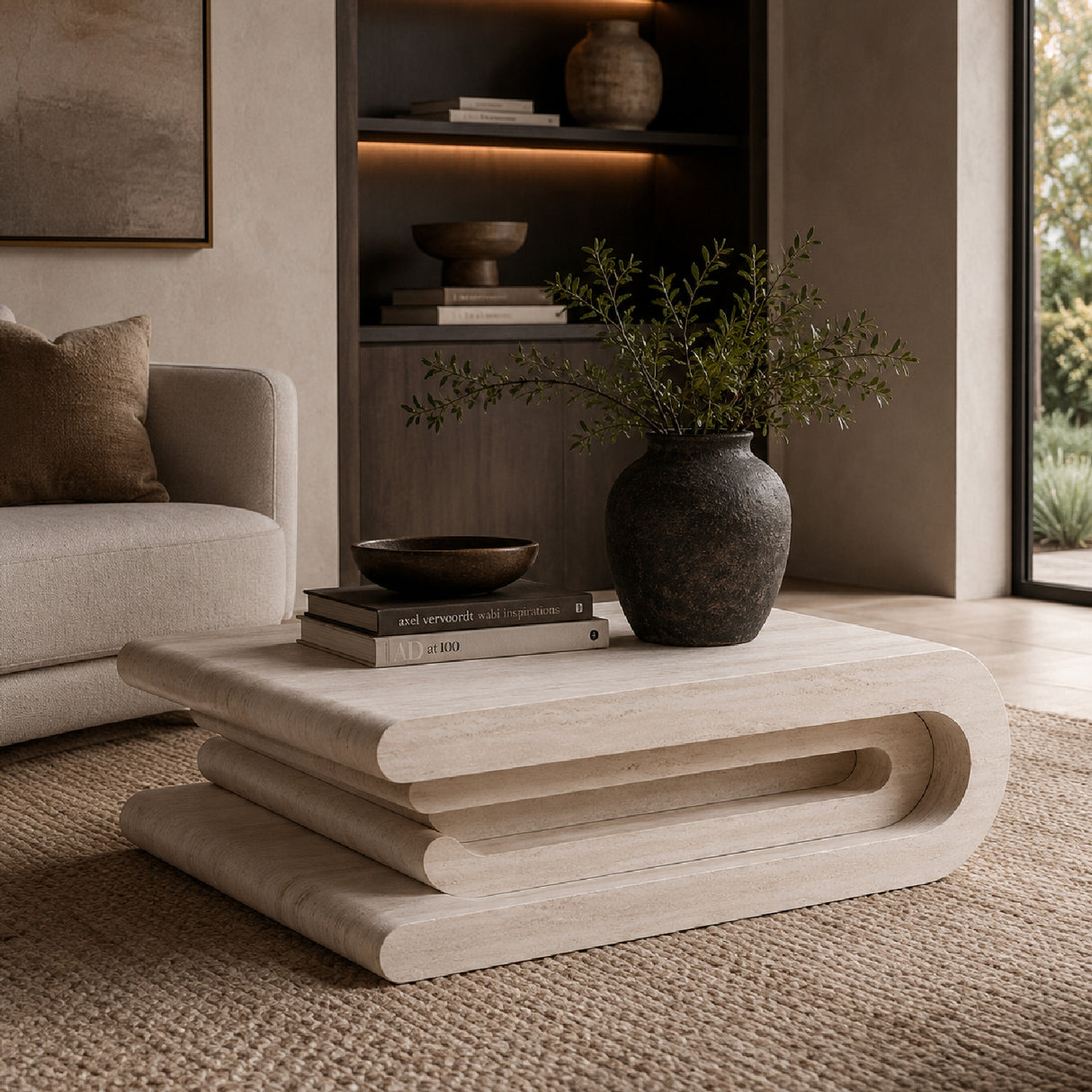 Modern European furniture - Beige Travertine Look Coffee Table - www.oroa.com
