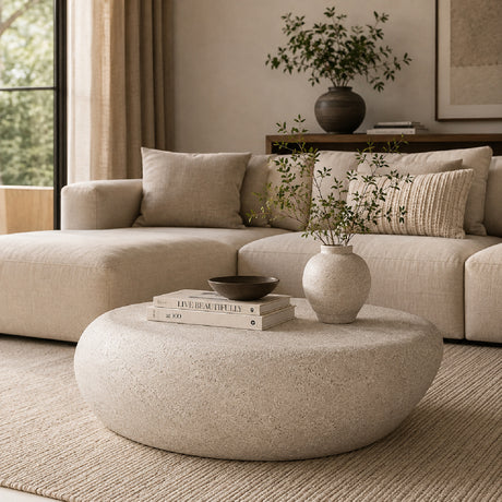 Cream White Elliptical Rock Coffee Table | OROA