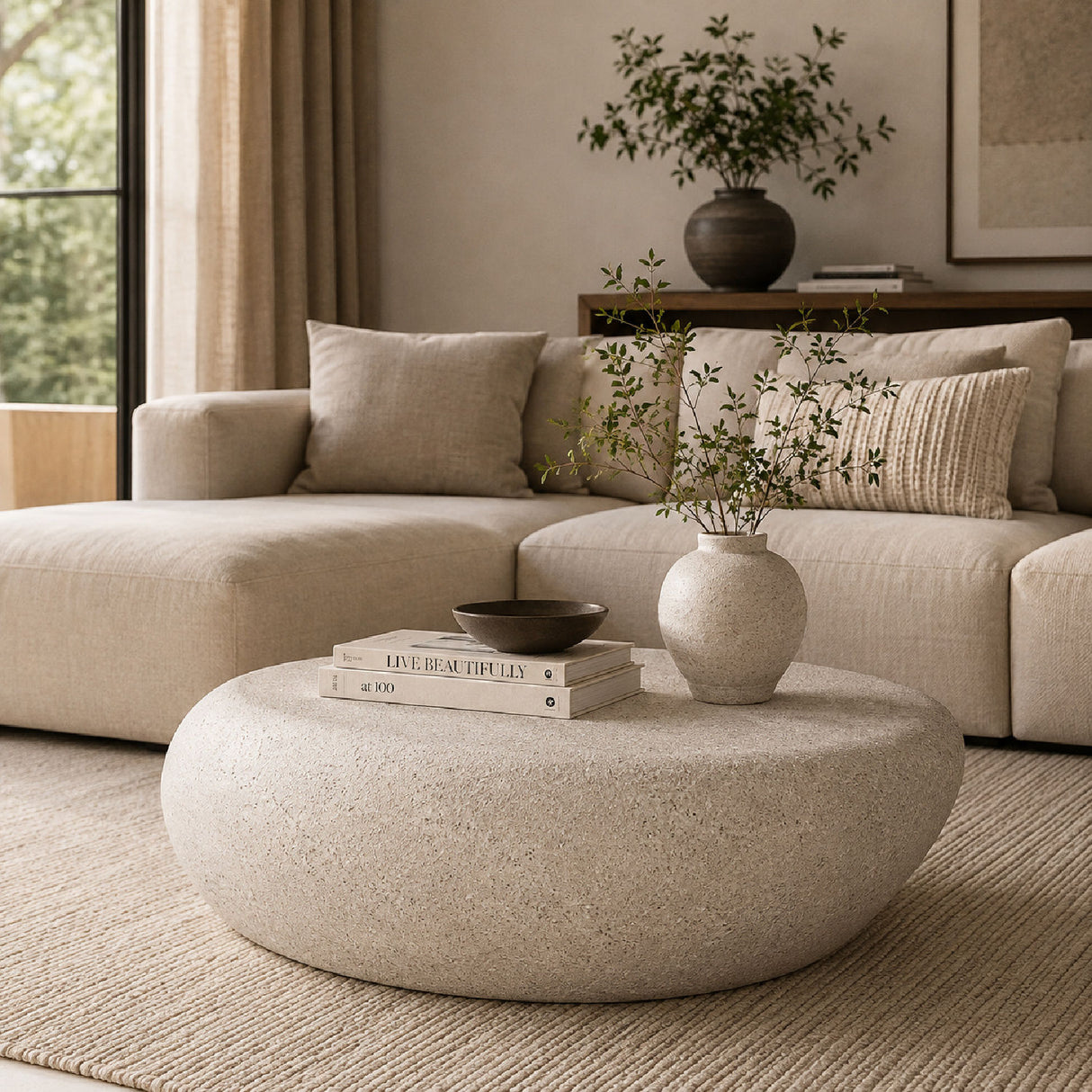 Cream White Elliptical Rock Coffee Table | OROA