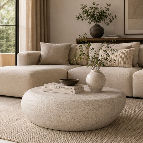 Cream White Elliptical Rock Coffee Table | OROA