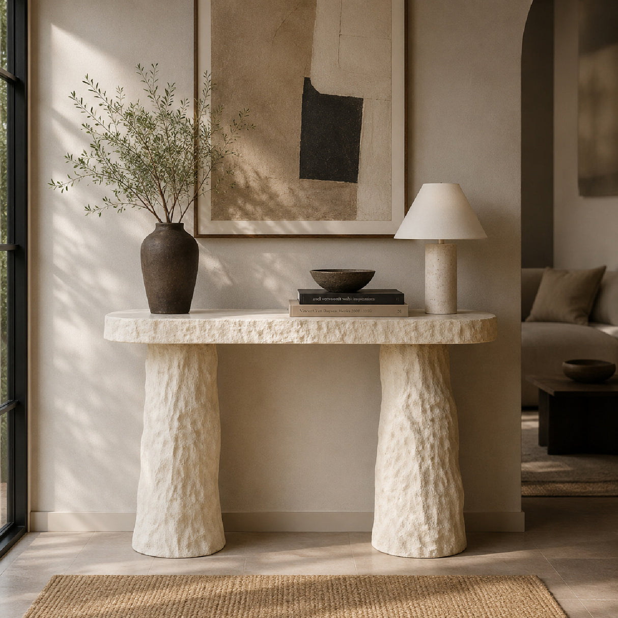 Modern European furniture - Beige Sculptural Stone-Look Console Table - www.oroa.com