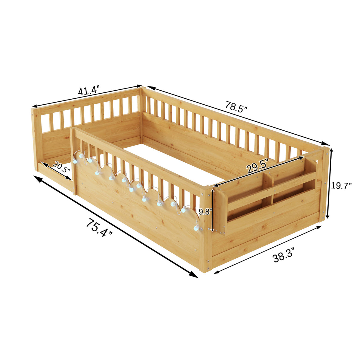 Twin Floor Bed Frame with Light and Storage Shelf | OROA Kids