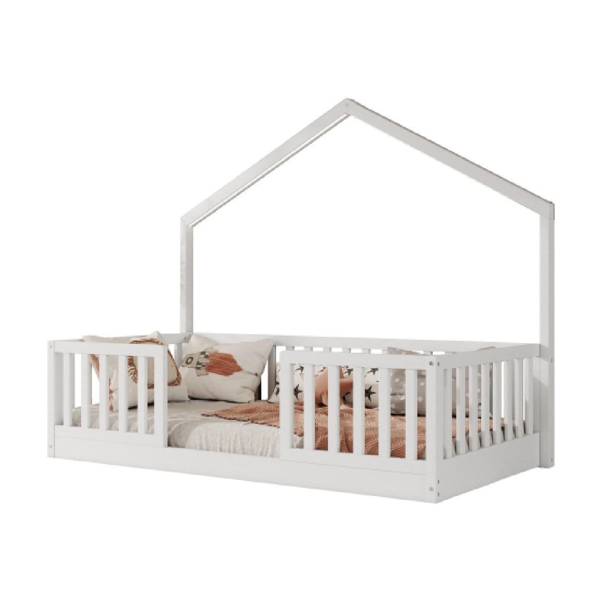 White Wooden Twin Floor Bed with Light | OROA Kids