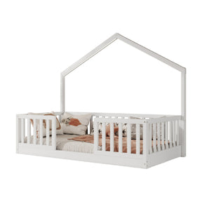 Modern European furniture - White Wooden Twin Floor Bed with Light - www.oroa.com
