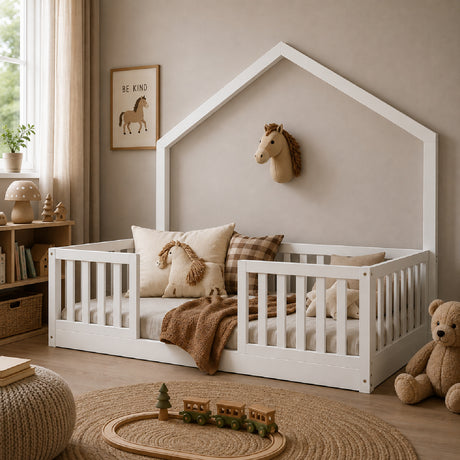 White Wooden Twin Floor Bed with Light | OROA Kids