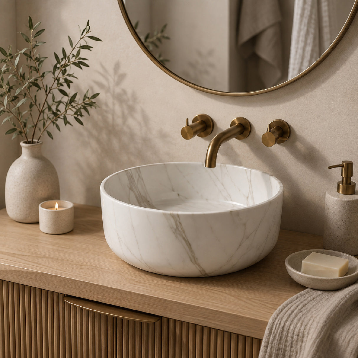 14" White Round Vessel Ceramic Sink | OROA