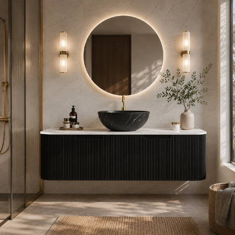 Modern European furniture - 48" Matte Black Floating Bathroom Vanity with Stone Top - www.oroa.com