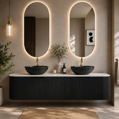 Modern European furniture - 60" Matte Black Floating Bathroom Vanity with Stone Top - www.oroa.com