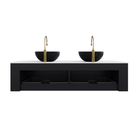 Modern European furniture - 60" Matte Black Floating Bathroom Vanity with Stone Top - www.oroa.com