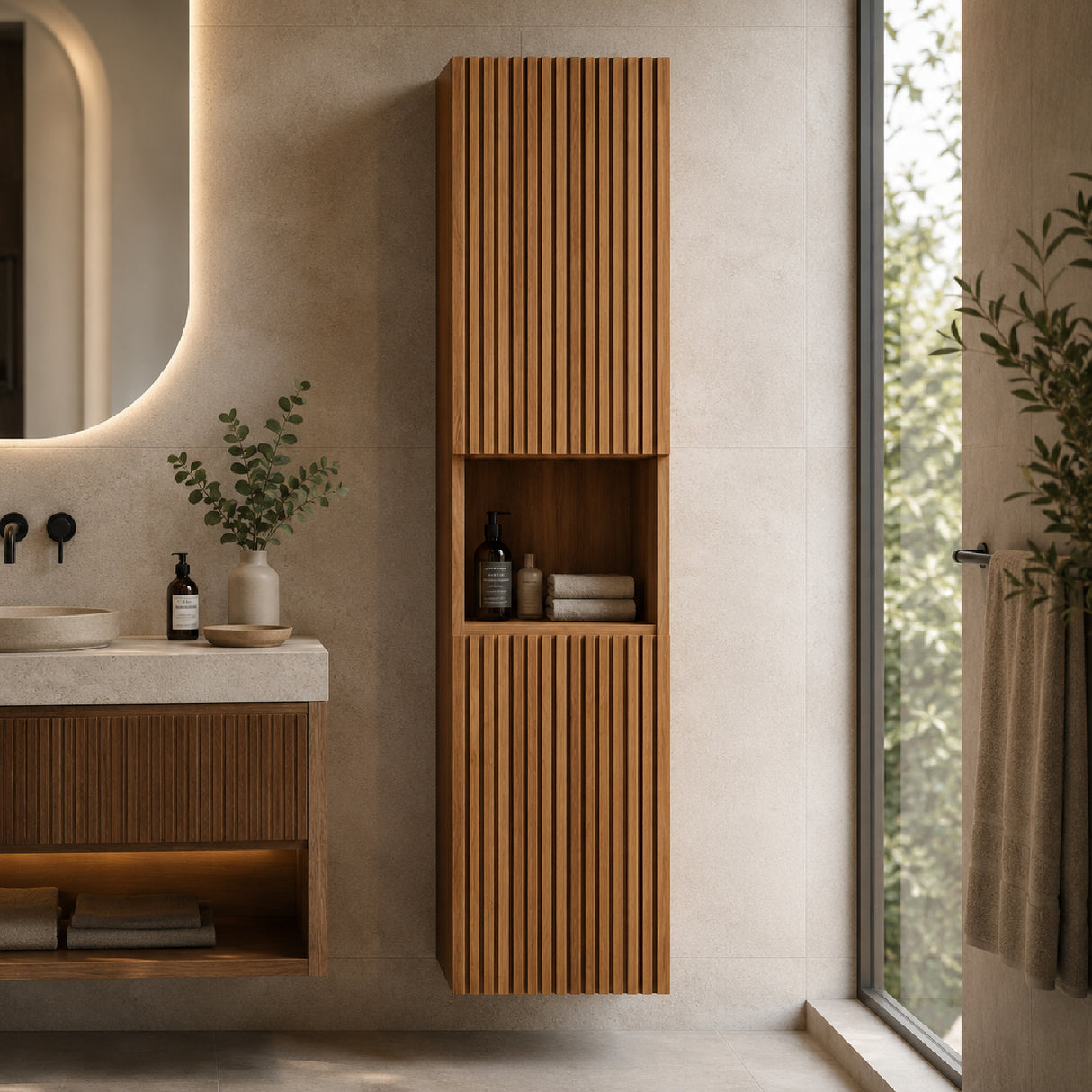 Modern European furniture - 59" Brown Oak Tall Bathroom Storage Cabinet - www.oroa.com 