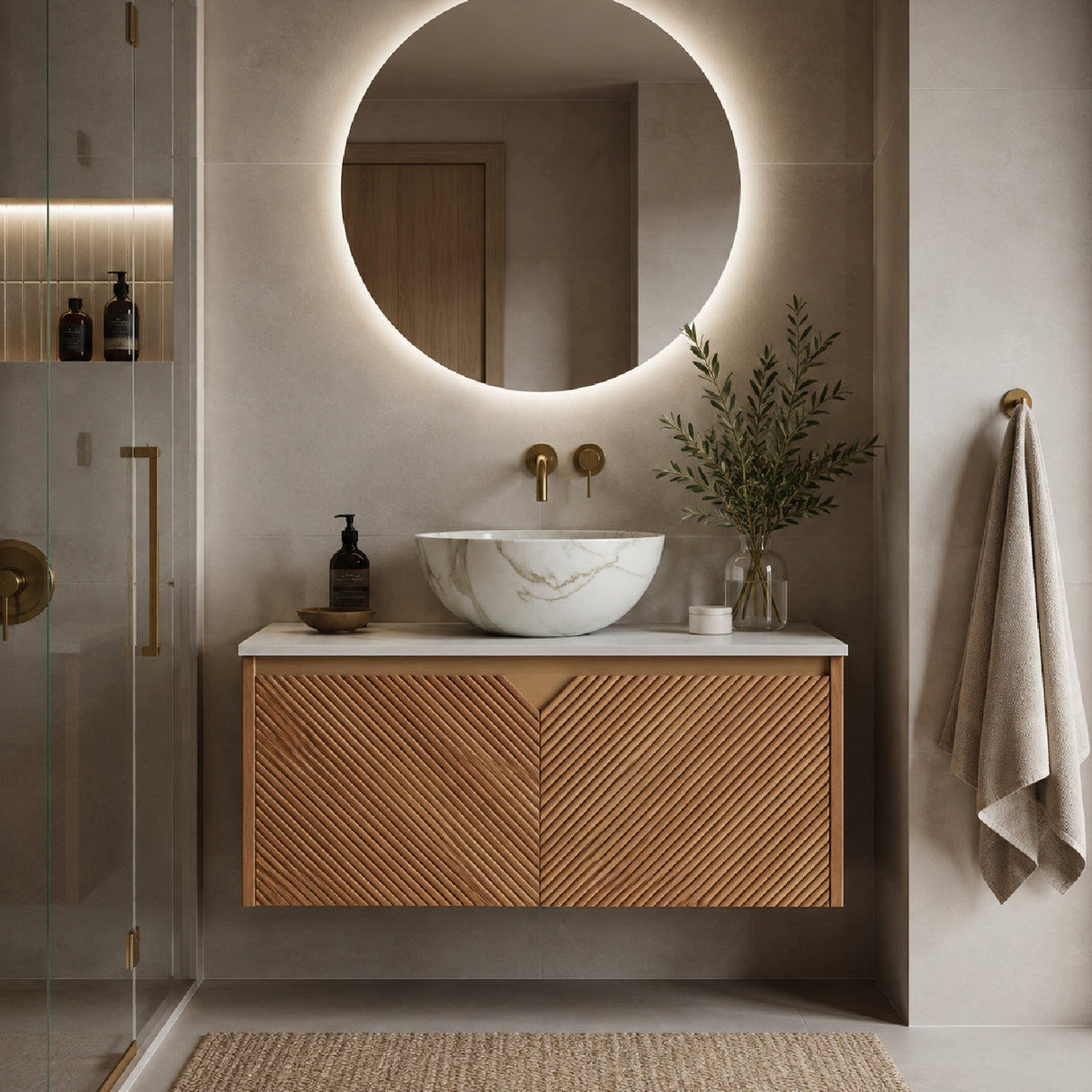 Modern Floating Brown Oak Bathroom Vanity with Sink | OROA